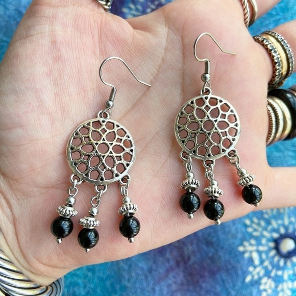 Onyx gemstones dream catcher boho dangly earrings